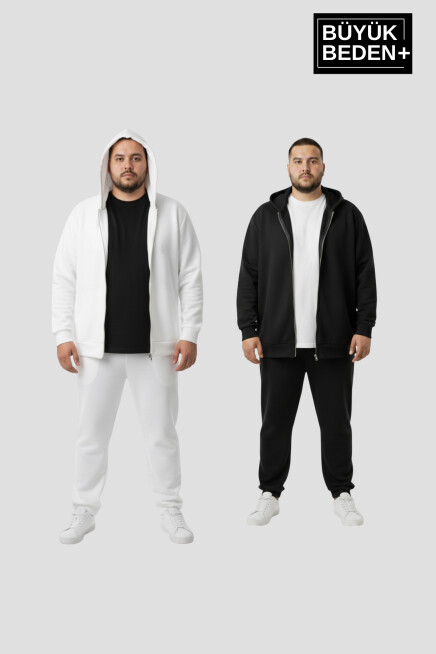Erkek Büyük Beden Fermuarlı Kapüşonlu 2li Set ince Sweatshirt Hırka - Rahat Kalıp SPR26BHR960+2