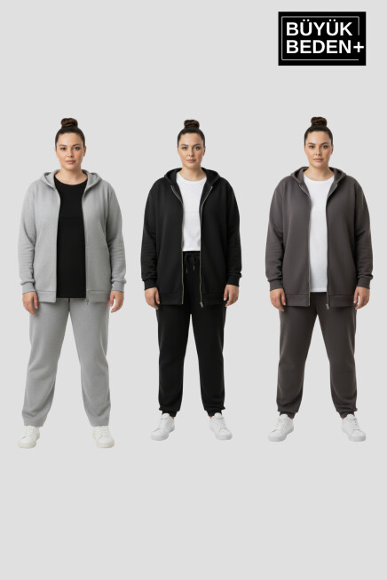 Erkek Büyük Beden Fermuarlı Kapüşonlu 3 lü Set ince Sweatshirt Hırka - Rahat Kalıp SPR26BHRK960+3