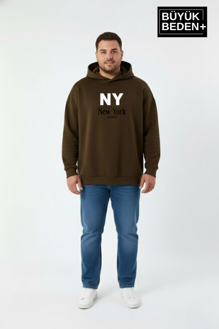 Erkek Büyük Beden İnce Kapşonlu NY Newyork Baskılı ince Swatshırt SPR26BSW957-15