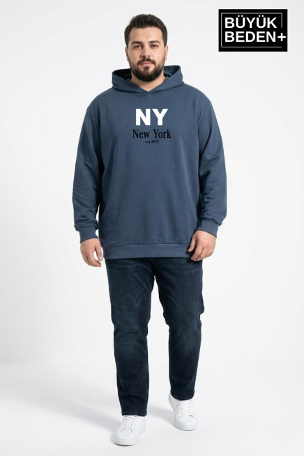 Erkek Büyük Beden İnce Kapşonlu NY Newyork Baskılı ince Swatshırt SPR26BSW957-15
