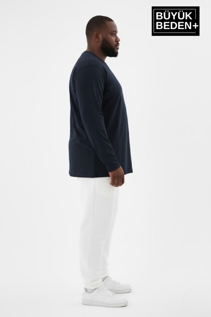 Erkek Büyük Beden Uzun Kollu 2 İplik Bisiklet Yaka Tişört