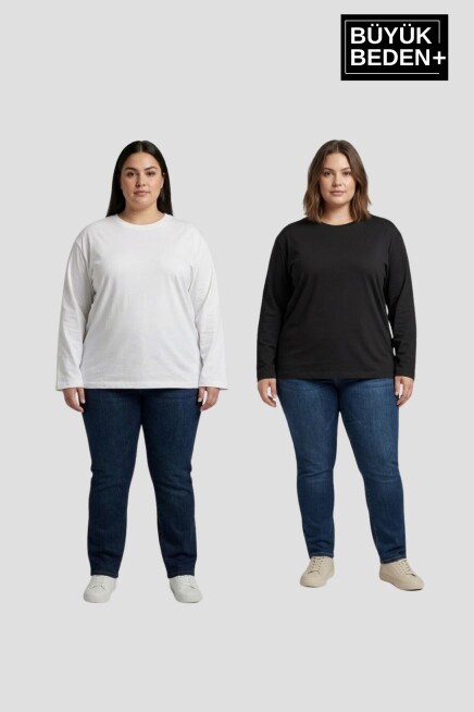 Kadın Büyük Beden 2li Set Uzun Kollu 2 İplik Bisiklet Yaka Tişört SPR26BEA942+2