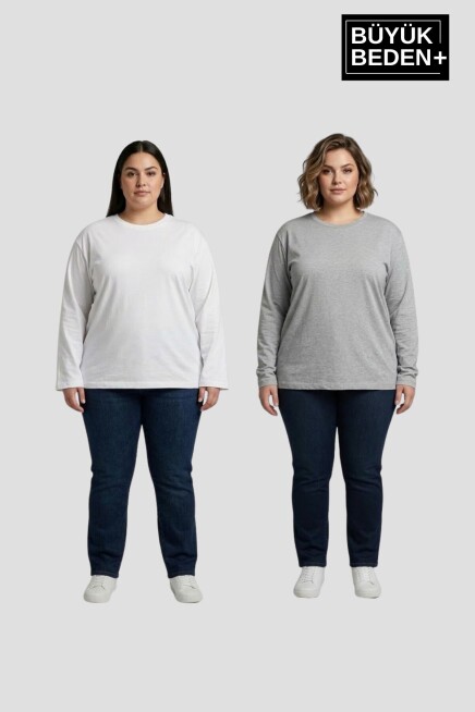 Kadın Büyük Beden 2li Set Uzun Kollu 2 İplik Bisiklet Yaka Tişört SPR26BEA942+2