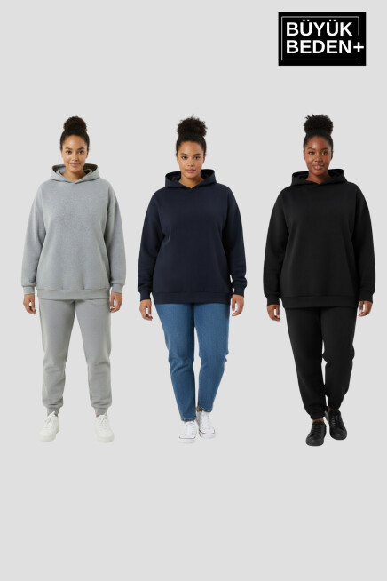 Kadın Büyük Beden 3 lü Set  Kollar Ve Etek Ribanalı ince Kapşonlu Swatshırt SPR26BSWK957+3