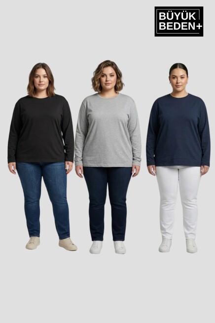 Kadın Büyük Beden 3lü Set Uzun Kollu 2 İplik Bisiklet Yaka Tişört SPR26BEA942+2