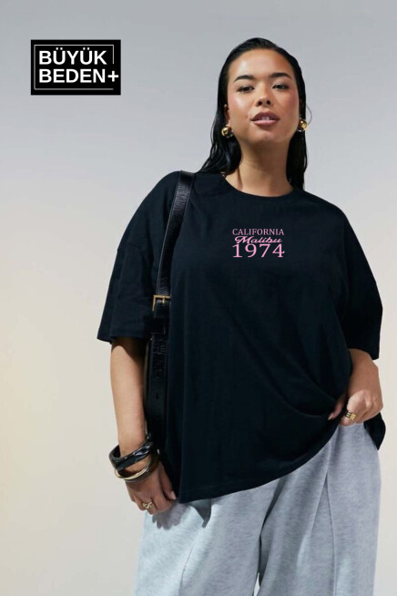 Süperlife Kadın Büyük Beden California 1974 Baskılı  3xl-6xl Bisiklet Yaka Tshırt SPR25BTSK510-7