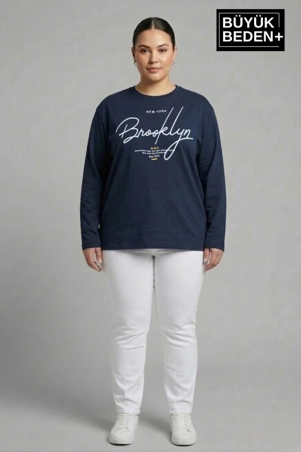 Kadın Büyük Beden El Yazılı Brooklyn Baskılı 2 İplik Bisiklet Yaka Tişört SPR26BTSK942-6