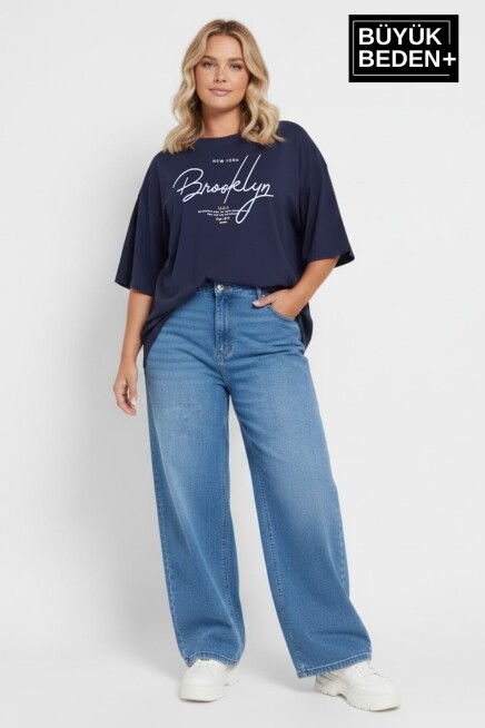 Kadın Büyük Beden El Yazılı Brooklyn Baskılı 3xl-6xl Bisiklet Yaka Tshırt SPR25BTSK510-6