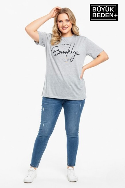 Kadın Büyük Beden El Yazılı Brooklyn Baskılı 3xl-6xl Bisiklet Yaka Tshırt SPR25BTSK510-6