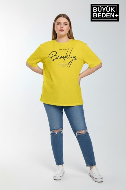 Kadın Büyük Beden El Yazılı Brooklyn Baskılı 3xl-6xl Bisiklet Yaka Tshırt SPR25BTSK510-6