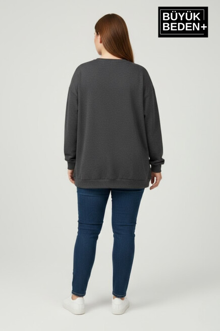 Kadın Büyük Beden El Yazılı Brooklyn Baskılı  Bisiklet Yaka İnce Sweatshirt SPR26BSWK956-6