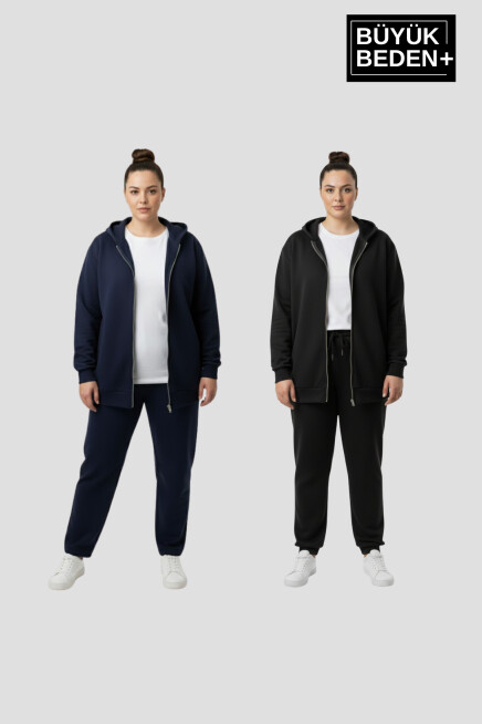 Kadın Büyük Beden Fermuarlı Kapüşonlu 3lü Set ince Sweatshirt Hırka - Rahat Kalıp SPR26BHRK960+2