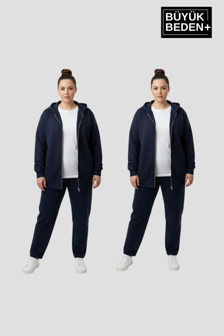 Kadın Büyük Beden Fermuarlı Kapüşonlu 3lü Set ince Sweatshirt Hırka - Rahat Kalıp SPR26BHRK960+2