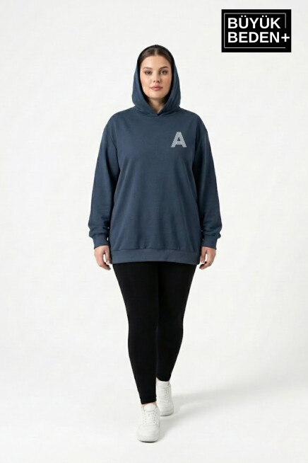Kadın Büyük Beden Kapşonlu A Baskılı ince Swatshırt SPR26BSWK957-12