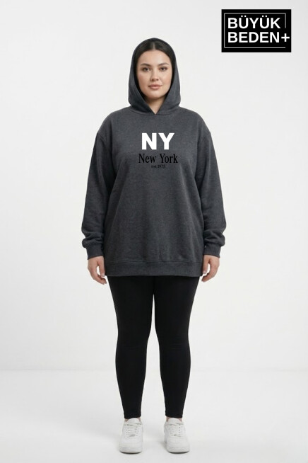 Kadın Büyük Beden Kapşonlu NY NewYork Baskılı ince Swatshırt SPR26BSWK957-15