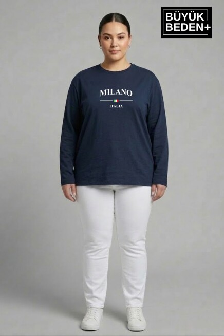 Kadın Büyük Beden Milano İtalia Baskılı 2 İplik Bisiklet Yaka Tişört SPR26BTSK942-9