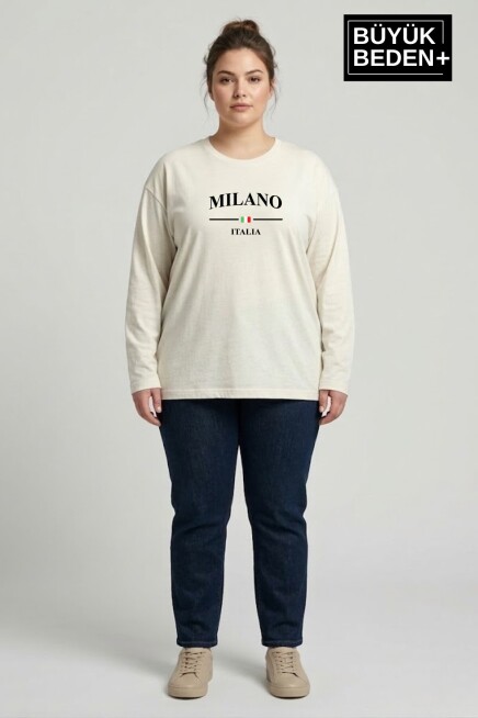Kadın Büyük Beden Milano İtalia Baskılı 2 İplik Bisiklet Yaka Tişört SPR26BTSK942-9