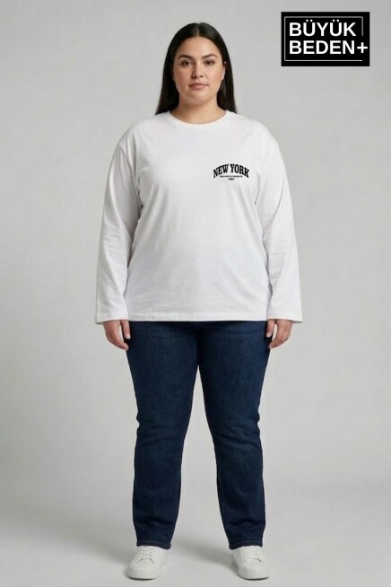 Kadın Büyük Beden New York Baskılı 2 İplik Bisiklet Yaka Tişört SPR26BTSK942-5