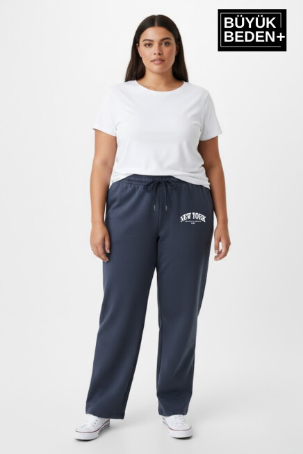 Kadın Büyük Beden New York Baskılı Rahat Kesim Paça Reçme ince Eşofman Altı SPR26EAk952-5