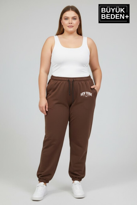 Kadın Büyük Beden New York Paça Lastikli Rahat Kesim Jogger İnce Eşofman Altı SPR26BEAK951-5