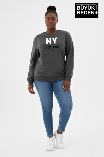 Kadın Büyük Beden NY Newyork Baskılı Bisiklet Yaka ince Sweatshirt SPR26BSWK956-15