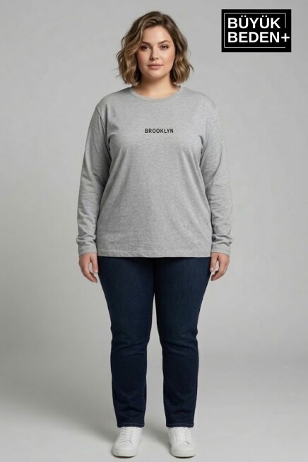 Kadın Büyük Beden Orta Brooklyn Baskılı 2 İplik Bisiklet Yaka Tişört SPR26BTSK942-8