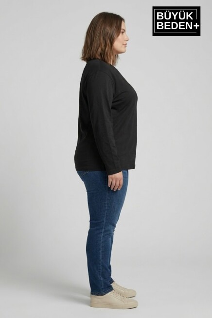Kadın Büyük Beden Uzun Kollu 2 İplik Bisiklet Yaka Tişört