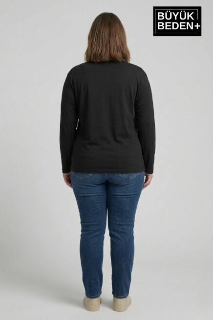 Kadın Büyük Beden Uzun Kollu 2 İplik Bisiklet Yaka Tişört