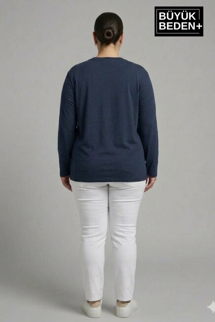 Kadın Büyük Beden Uzun Kollu 2 İplik Bisiklet Yaka Tişört