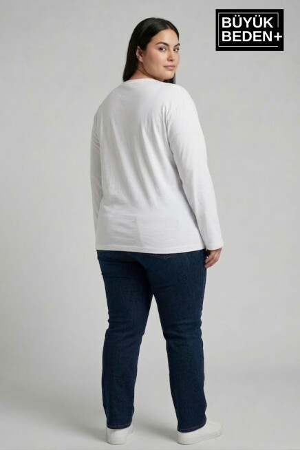 Kadın Büyük Beden Uzun Kollu 2 İplik Bisiklet Yaka Tişört