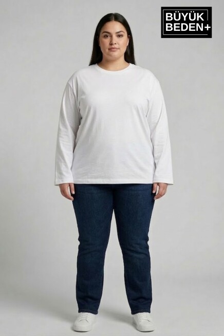 Kadın Büyük Beden Uzun Kollu 2 İplik Bisiklet Yaka Tişört