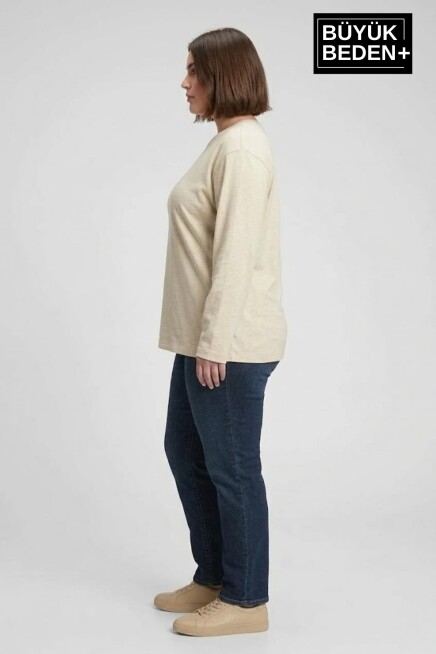 Kadın Büyük Beden Uzun Kollu 2 İplik Bisiklet Yaka Tişört