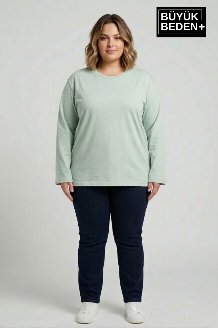 Kadın Büyük Beden Uzun Kollu 2 İplik Bisiklet Yaka Tişört