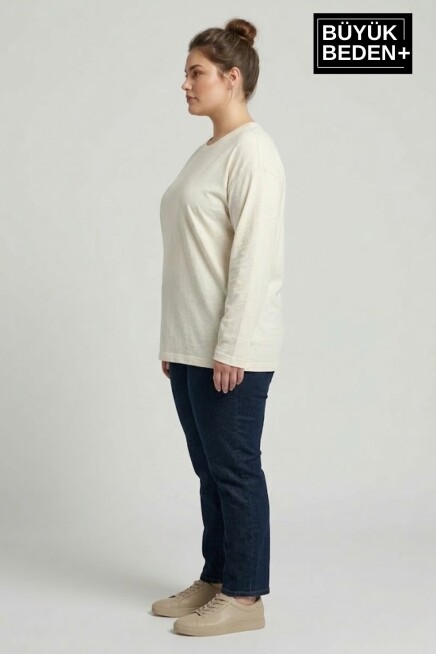 Kadın Büyük Beden Uzun Kollu 2 İplik Bisiklet Yaka Tişört