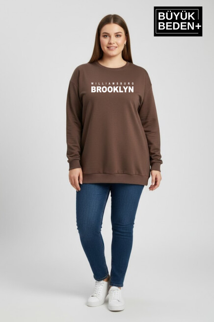 Kadın Büyük Beden Willams Brooklyn Baskılı Bisiklet Yaka ince Sweatshirt SPR26BSW956-16