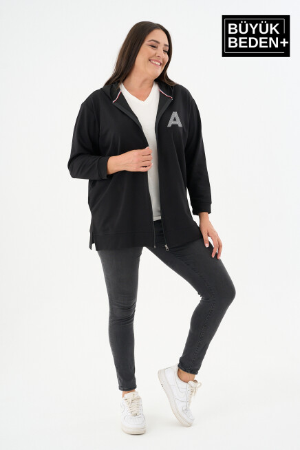 Kadın Tunik Büyük Beden A Baskılı Fermuarlı Kapşonlu Sweat Hırka SPR26BTK955-3