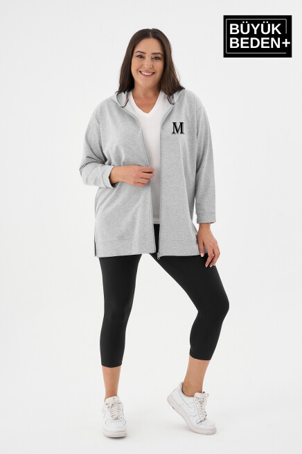 Kadın Tunik Büyük Beden M Baskılı Fermuarlı Kapşonlu Sweat Hırka SPR26BTK955-4
