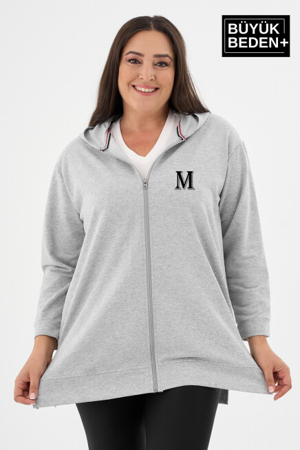 Kadın Tunik Büyük Beden M Baskılı Fermuarlı Kapşonlu Sweat Hırka SPR26BTK955-4