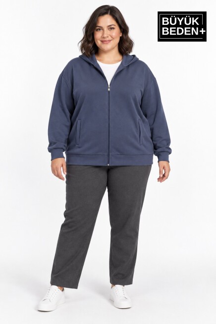 Kadın Büyük Beden Fermuarlı Kapüşonlu Cepli Sweatshirt Hırka Rahat Kalıp SPR26BHRK961