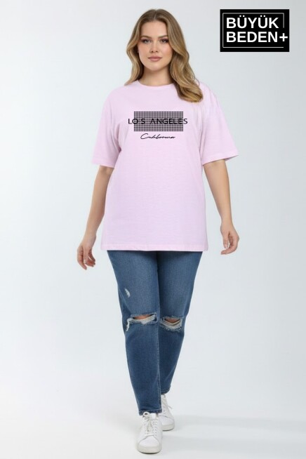 Kadın Büyük Beden Los Angeles Baskılı 3xl-6xl Bisiklet Yaka Tshırt SPR26BTSK510-18