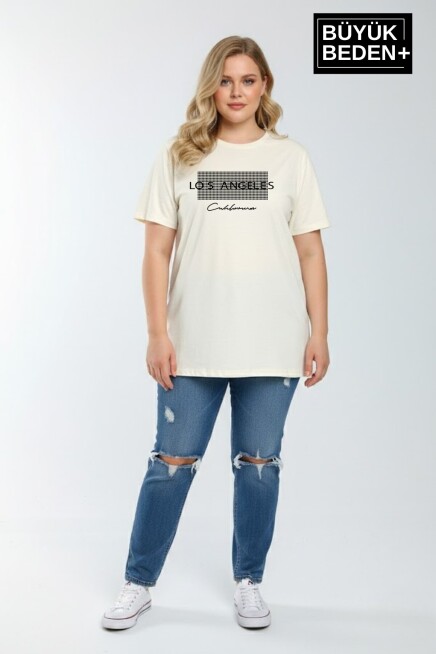 Kadın Büyük Beden Los Angeles Baskılı 3xl-6xl Bisiklet Yaka Tshırt SPR26BTSK510-18