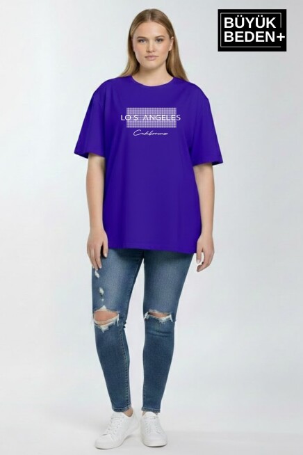 Kadın Büyük Beden Los Angeles Baskılı 3xl-6xl Bisiklet Yaka Tshırt SPR26BTSK510-18