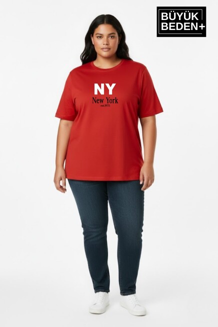 Kadın Büyük Beden NY New York  Baskılı 3xl-6xl Bisiklet Yaka Tshırt SPR26BTSK510-15