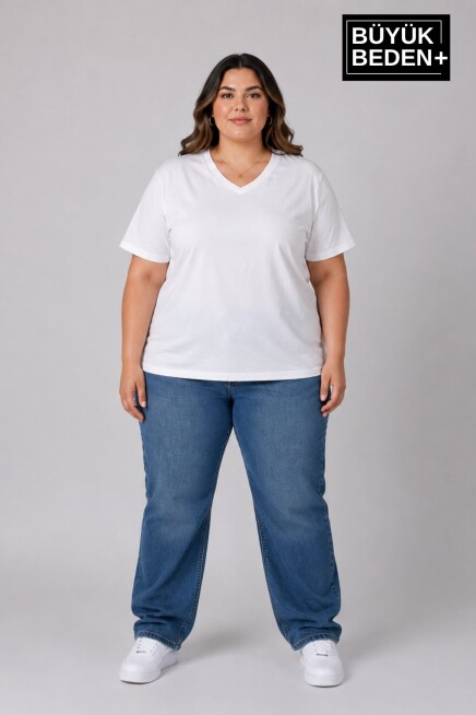 Süperlife Büyük Beden Kadın V Yaka Pamuklu Basic Tişört Lacivert 3XL-6XL SPR26BTSK509