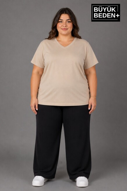 Süperlife Büyük Beden Kadın V Yaka Pamuklu Basic Tişört Lacivert 3XL-6XL SPR26BTSK509