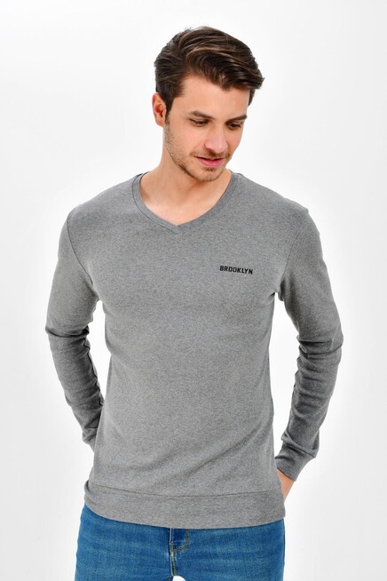 Süperlife V Yaka Uzun Kollu Dar Kalıp İnce Erkek Sweatshirt SPR 2019K19