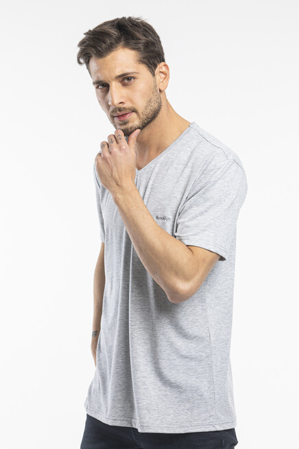 Süperlife Erkek V Yaka Slim Fit Brooklyn Baskılı Kısa Kollu Tişort SPR 265