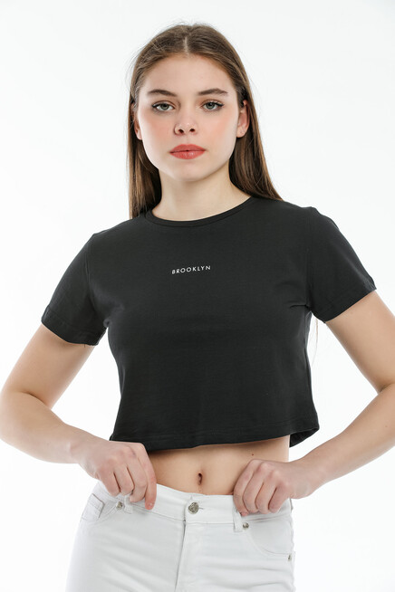 Süperlife Kadın Bisiklet Yaka Slim Fit Brookyn Baskılı Tişort SPR21Y14