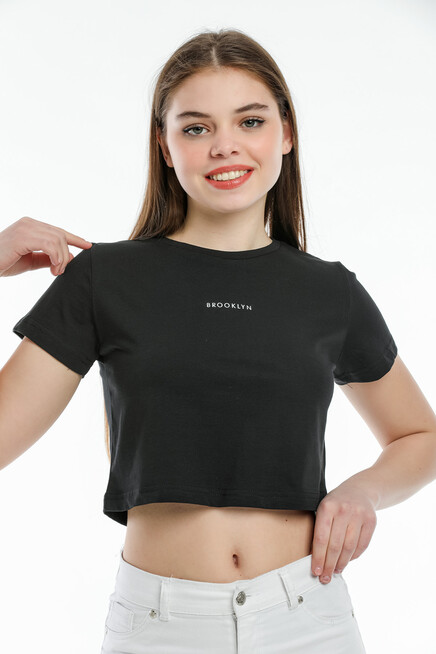 Süperlife Kadın Bisiklet Yaka Slim Fit Brookyn Baskılı Tişort SPR21Y14