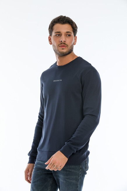 Erkek Bisiklet Yaka Slim Fit Brookyln Baskılı İnce Sweatshirt SPR22SW102